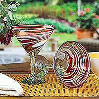 Handblown martini glasses, 'Majestic Enchantment' (pair) - Pair of Eco-Friendly Red and White Handblown Martini Glasses