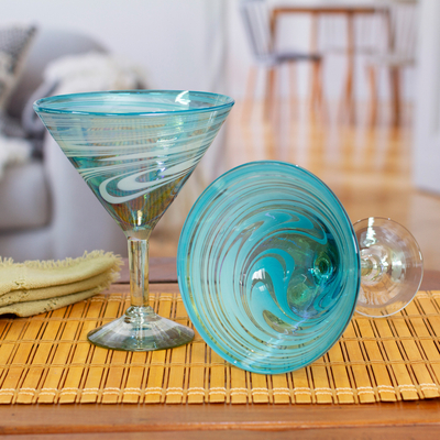 Handblown recycled glass martini glasses, 'Waves of Sophistication' (pair) - 2 Turquoise and White Martini Glasses Handblown in Mexico