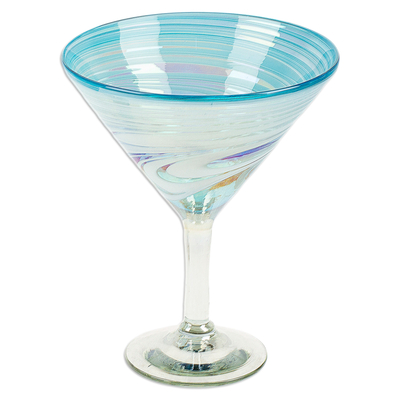 Copas de martini de vidrio reciclado soplado a mano, (par) - 2 copas de martini turquesa y blanco sopladas a mano en México