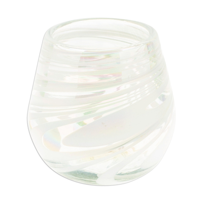 Handblown recycled glass stemless wine glasses, 'White Soirée' (pair) - Pair of Stemless Wine Glasses Handblown from Recycled Glass