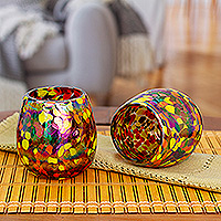 Handblown recycled glass stemless wine glasses, 'Confetti Pop' (pair)