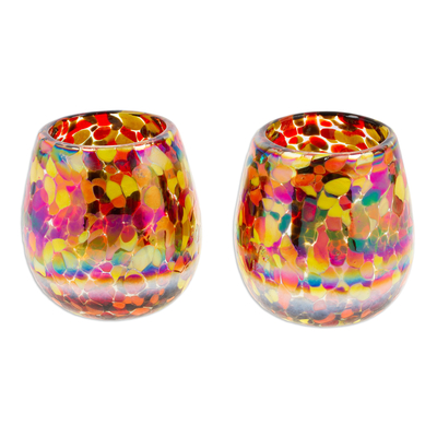 Handblown recycled glass stemless wine glasses, 'Bright Confetti' (pair) - Pair of colourful Stemless Wine Glasses Handblown in Mexico