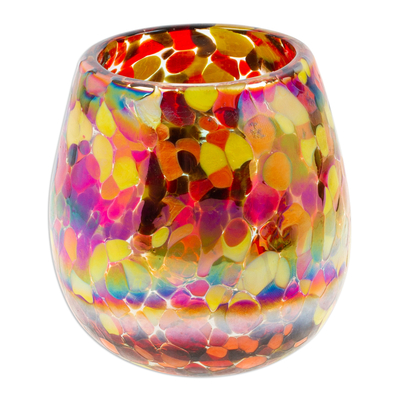 Handblown recycled glass stemless wine glasses, 'Confetti Pop' (pair) - Pair of Colorful Stemless Wine Glasses Handblown in Mexico