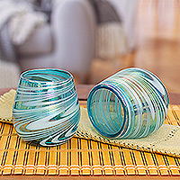 Handblown recycled glass stemless wine glasses, 'Waves of Sophistication' (pair) - Two Handblown Stemless Wine Glasses in Turquoise and White