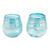 Handblown recycled glass stemless wine glasses, 'Turquoise Waves' (pair) - Two Handblown Stemless Wine Glasses in Turquoise and White