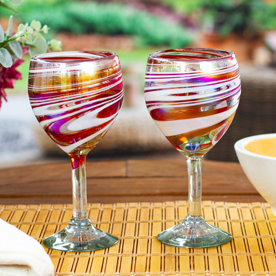Pair of Eco-Friendly Red and White Handblown Wine Glasses, 'Splendid  Enchantment