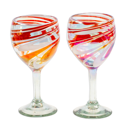 Handblown wine glasses, 'Splendid Enchantment' (pair) - Pair of Eco-Friendly Red and White Handblown Wine Glasses