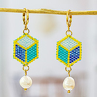 Cultured pearl and glass beaded dangle earrings, 'Marine Cubes' - Geometric Glass Beaded Dangle Earrings with Cultured Pearls