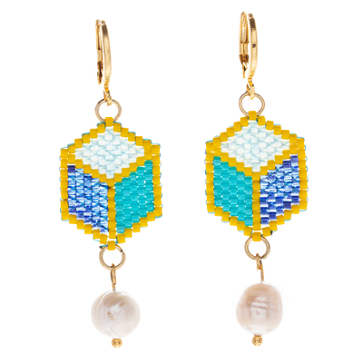 Aretes colgantes de perlas cultivadas y cuentas de vidrio - Aretes colgantes geométricos con cuentas de vidrio y perlas cultivadas