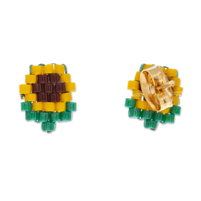 Glass beaded stud earrings, 'Adored Spring' - Floral-Themed Glass Beaded Stud Earrings Crafted in Mexico