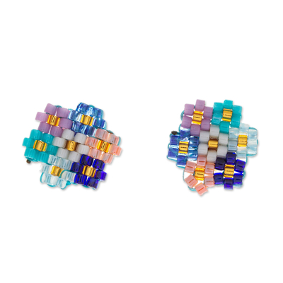 Glass beaded button earrings, 'Primaveral Bouquet' - Colorful Glass Beaded Floral Button Earrings from Mexico