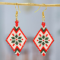 Glass beaded dangle earrings, 'Lovely Evening' - Geometric Glass Beaded Dangle Earrings in Green and Red