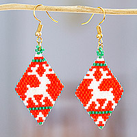 Glass beaded dangle earrings, 'Christmas Evening' - Reindeer Glass Beaded Dangle Earrings in Green and Red