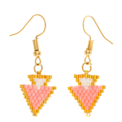 Glass beaded dangle earrings, 'Pink Directions' - Geometric Beaded Dangle Earrings in Golden and Pink Hues