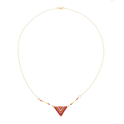 Gold-plated glass beaded pendant necklace, 'Crimson Paths' - 18k Gold-Plated Traditional Glass Beaded Pendant Necklace