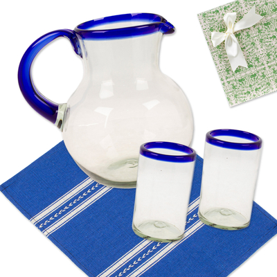 Curated gift set, 'Classic Blue' - 4 Item Curated Gift Set with Glass Pitcher Tumblers Placemat