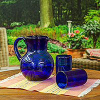 Curated gift set, 'Cobalt Glass' - Glass Pitcher Tumblers and Cotton Placemat Curated Gift Set