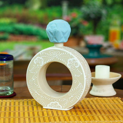 Ceramic tequila decanter, 'Ring of Liquid Divinity' - Cerulean and Beige Ring-Shaped Ceramic Tequila Decanter