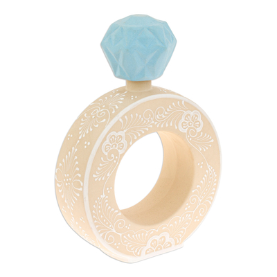 Ceramic tequila decanter, 'Ring of Liquid Divinity' - Cerulean and Beige Ring-Shaped Ceramic Tequila Decanter