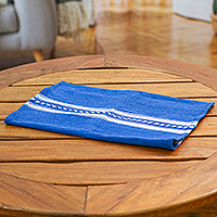 Cotton placemat, 'Blue Roads of Teotitlan' - Handloomed White and Blue Cotton Zapotec Placemat
