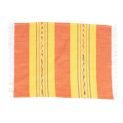 Mantel individual de algodón - Mantel individual de algodón naranja y vara de oro tejido a mano de México