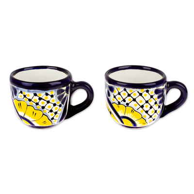 Ceramic mugs, 'Yellow Blooms' (pair) - Talavera Style Floral Blue and Yellow Ceramic Mugs (Pair)