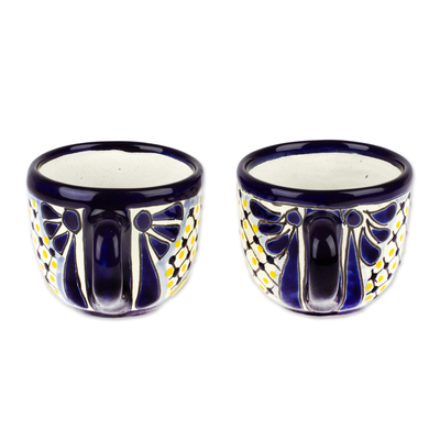 Ceramic mugs, 'Yellow Blooms' (pair) - Talavera Style Floral Blue and Yellow Ceramic Mugs (Pair)