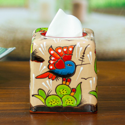 Abdeckung für Taschentuchboxen aus Keramik - Handgefertigter Taschentuchbox-Bezug aus Talavera-Keramik mit Kaktus-Motiv