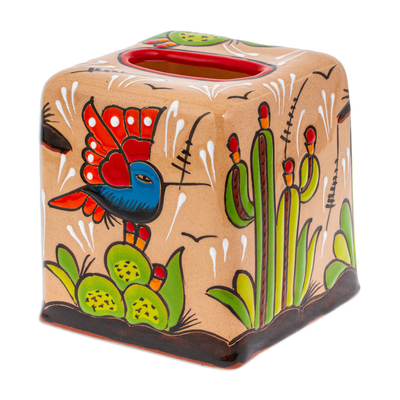 Abdeckung für Taschentuchboxen aus Keramik - Handgefertigter Taschentuchbox-Bezug aus Talavera-Keramik mit Kaktus-Motiv
