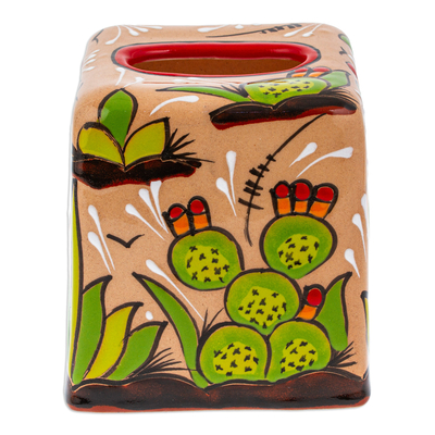 Ceramic tissue box cover, 'Cactus Convenience' - Cactus-Themed Handcrafted Talavera Ceramic Tissue Box Cover
