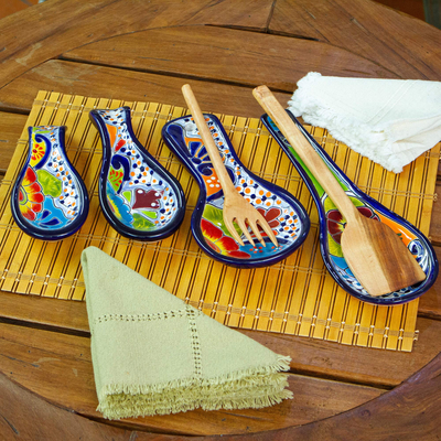 Ceramic spoon rests, 'Flavors From the Hacienda' (set of 4) - Set of 4 Handcrafted Floral Talavera Ceramic Spoon Rests