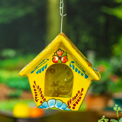 Ceramic bird feeder, 'Goldenrod Arcadia' - Hand-Painted Talavera Ceramic Bird Feeder in Yellow