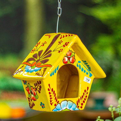 Ceramic bird feeder, 'Goldenrod Arcadia' - Hand-Painted Talavera Ceramic Bird Feeder in Yellow