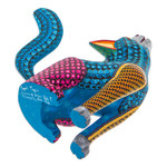 Wood alebrije sculpture, 'Blue Howl' - Handcrafted Alebrije Coyote Sculpture in Vibrant Hues