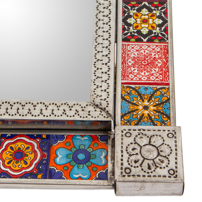 Tin and ceramic wall mirror, 'Talavera Seasons' (medium) - Tin and Ceramic Wall Mirror with Talavera Motifs (Medium)
