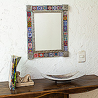 Tin and ceramic wall mirror, 'Talavera Seasons' (Large) - Tin and Ceramic Wall Mirror with Talavera Motifs (Large)
