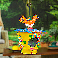Tin birdhouse and feeder, 'Dawn Chants' - Handcrafted Floral Tin Birdhouse and Feeder with Orange Bird