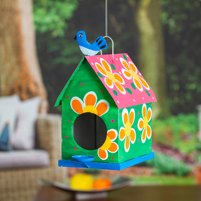 Tin birdhouse and feeder, 'Merry Feathers' - Hand-Painted Floral Tin Birdhouse and Feeder with Blue Bird