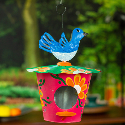 Pajarera y comedero de hojalata - Comedero y pajarera de estaño floral hecho a mano con pájaro azul