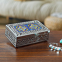 Tin and ceramic jewelry box, 'Flourishing Blue' - Repousse Tin and Ceramic Jewelry Box with Talavera Tiles