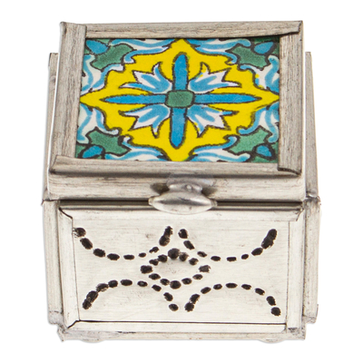 Tin and ceramic jewelry box, 'Sunny Reflections' - Handcrafted Talavera-Themed Tin and Ceramic Jewelry Box