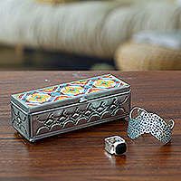 Tin and ceramic jewelry box, 'Talavera Mirage' - Repousse Talavera Tin and Ceramic Jewelry Box with Mirror