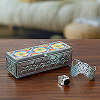 Tin and ceramic jewellery box, 'Talavera Mirage' - Repousse Talavera Tin and Ceramic jewellery Box with Mirror