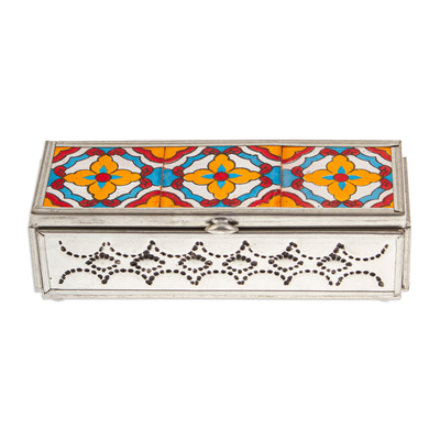Handcrafted Tin and Ceramic Jewelry Box in Blue and Orange