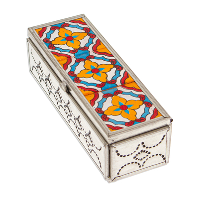 Tin and ceramic jewelry box, 'Talavera Mirage' - Repousse Talavera Tin and Ceramic Jewelry Box with Mirror
