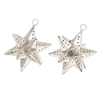 Zinnverzierungen, 'Starry Secret' (Paar) - Ein Paar Stern-Ornamente aus poliertem Zinn, hergestellt in Mexiko