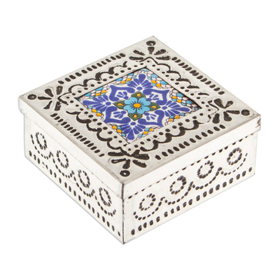 Tin and ceramic jewellery box, 'Imagination Spring' - Repousse Tin and Ceramic jewellery Box with Blue Talavera Tile