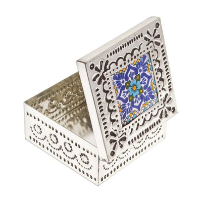 Tin and ceramic jewellery box, 'Imagination Spring' - Repousse Tin and Ceramic jewellery Box with Blue Talavera Tile