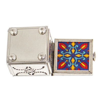 Tin and ceramic jewelry box, 'Twilight Reflections' - Handcrafted Blue Talavera-Themed Tin and Ceramic Jewelry Box