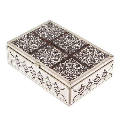 Tin and ceramic jewelry box, 'Palace of Mirages' - Talavera Tin and Ceramic Jewelry Box with Floral Details